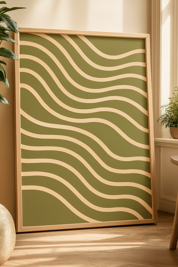 Flowing Lines Minimalist Wall Art – Sage Green and Beige Abstract Print, Japandi Style Room Decor