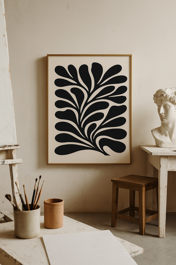 Moody Botanical Art Print | Organic Large Abstract Floral Wall Decor | Mid Century Modern Beige & Black Wall Art