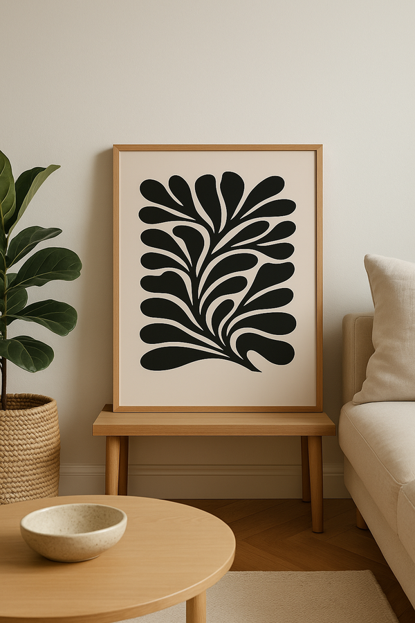 Moody Botanical Art Print | Organic Large Abstract Floral Wall Decor | Mid Century Modern Beige & Black Wall Art