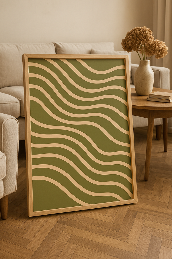 Flowing Lines Minimalist Wall Art – Sage Green and Beige Abstract Print, Japandi Style Room Decor