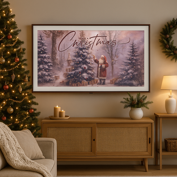Cozy Christmas Living Room – Santa Tree Decorating Frame TV Art