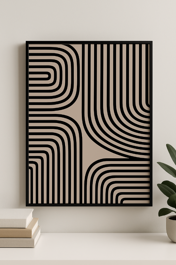 Beige Black Abstract Line Art – Minimalist Geometric Wall Print, Neutral Stripes Poster