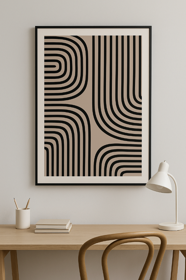 Beige Black Abstract Line Art – Minimalist Geometric Wall Print, Neutral Stripes Poster