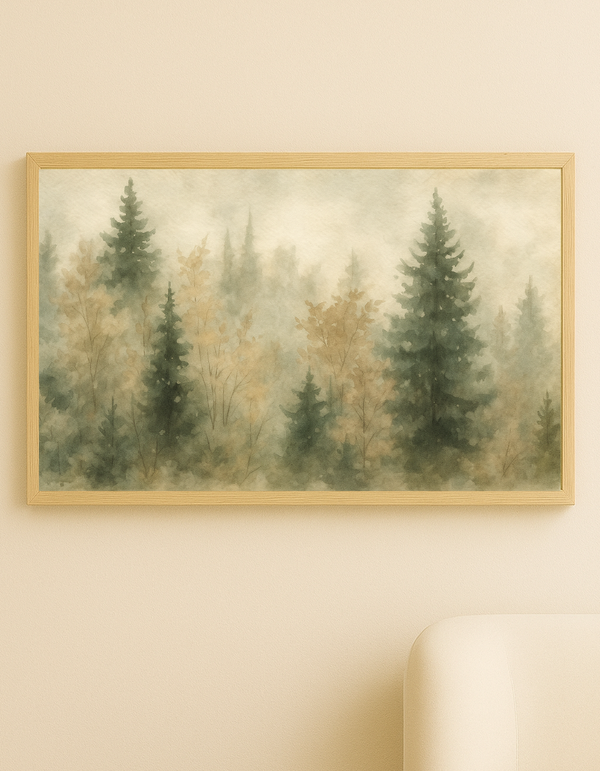Whispering Pines – Elegant Misty Forest TV Art | Neutral Green Landscape for Frame TV | Modern Nature-Inspired Wall Decor